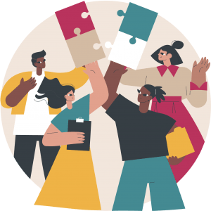 colourful illustration of four workers of diverse backgrounds collaborating