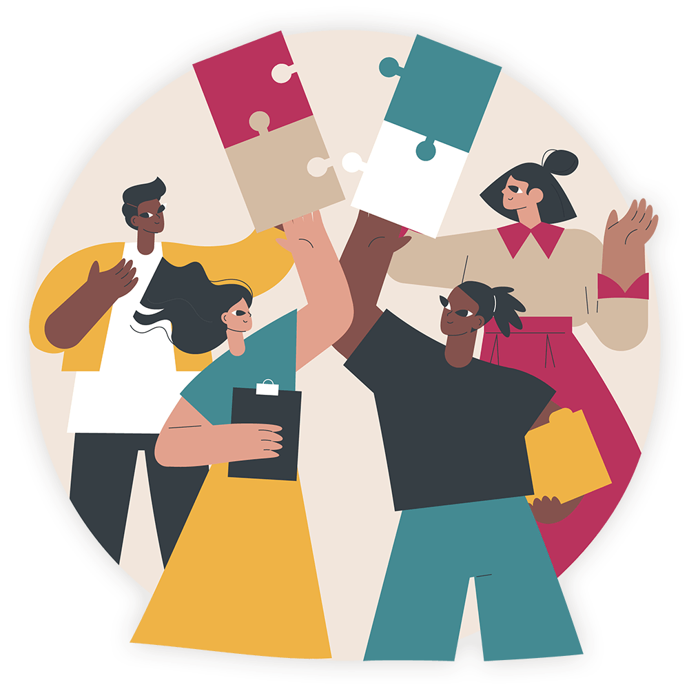colourful illustration of four workers of diverse backgrounds collaborating