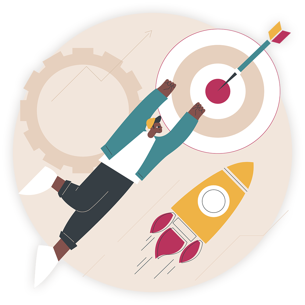 colourful illustration of person and rocket flying towards their target