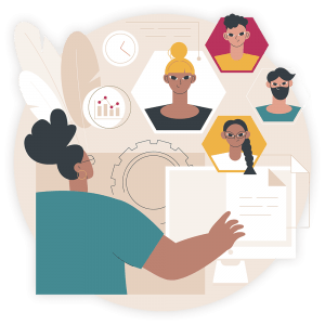 colourful illustration of manager working with team