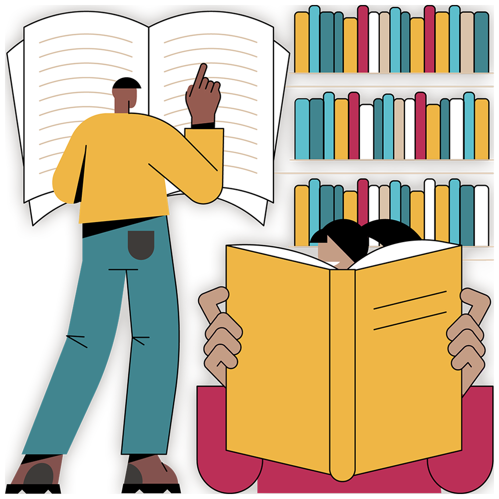 colourful Illustration of people doing academic research in library