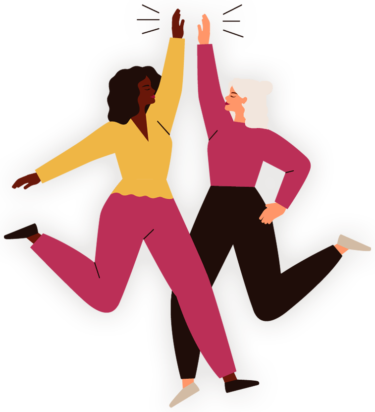 colourful illustration of two ladies jumping and touching hands in exultation