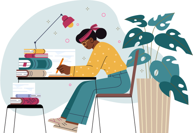 colourful illustration of a woman doing research at her desk